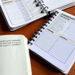 **Business English Vocabulary Study:** A person studying English vocabulary flashcards with business-related terms, showcasing a notebook and dictionary in a bright, organized study space.