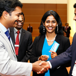**Image Prompt:** A diverse group of business people from various countries warmly shaking hands and smiling, exchanging business cards at a modern international conference. The focus is on conveying trust and respect across cultures, and highlighting networking opportunities. Subtle Bengali cultural elements are incorporated into the setting.