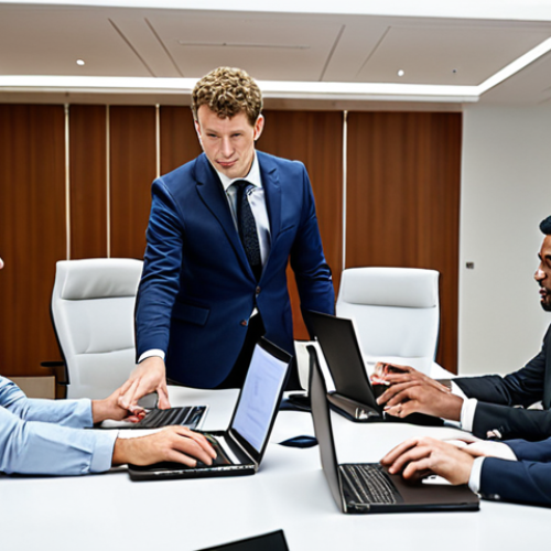 Home 8 **
A diverse group of international business people in a modern conference room, actively engaged in a meeting. Show them reviewing documents with English text, shaking hands, and using laptops. The overall tone is positive and successful, reflecting global collaboration through trade English.
**