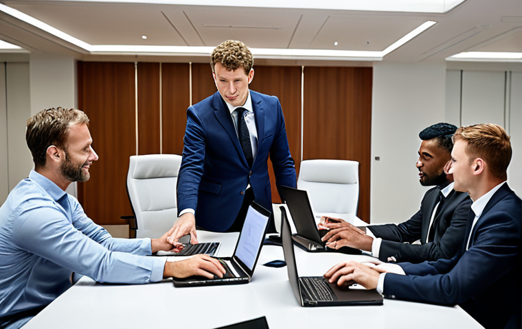 **
A diverse group of international business people in a modern conference room, actively engaged in a meeting. Show them reviewing documents with English text, shaking hands, and using laptops. The overall tone is positive and successful, reflecting global collaboration through trade English.
**